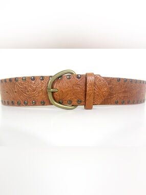 29”-33” Vintage Wide Tooled Studded Tan Leather Belt Brass Buckle